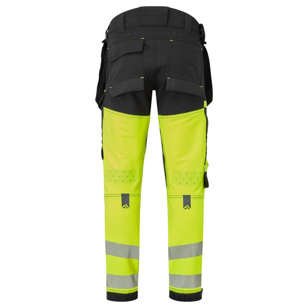 Portwest EV442 EV4 Hi-Vis 4-Way-Stretch Stretch Detachable Holster Class 1 Trousers Yellow/Black Rear#colour_yellow-black