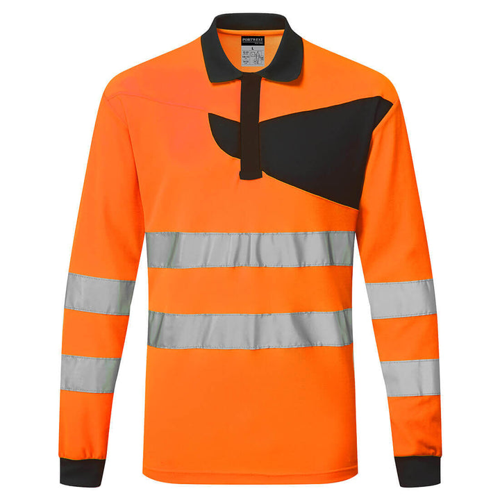 Portwest PW220 PW2 Hi-Vis Moisture Wicking Long Sleeve Polo Shirt Orange/Black Main#colour_orange-black