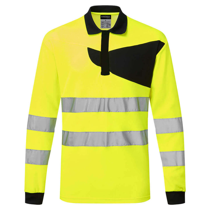 Portwest PW220 PW2 Hi-Vis Moisture Wicking Long Sleeve Polo Shirt Yellow/Black Main#colour_yellow-black