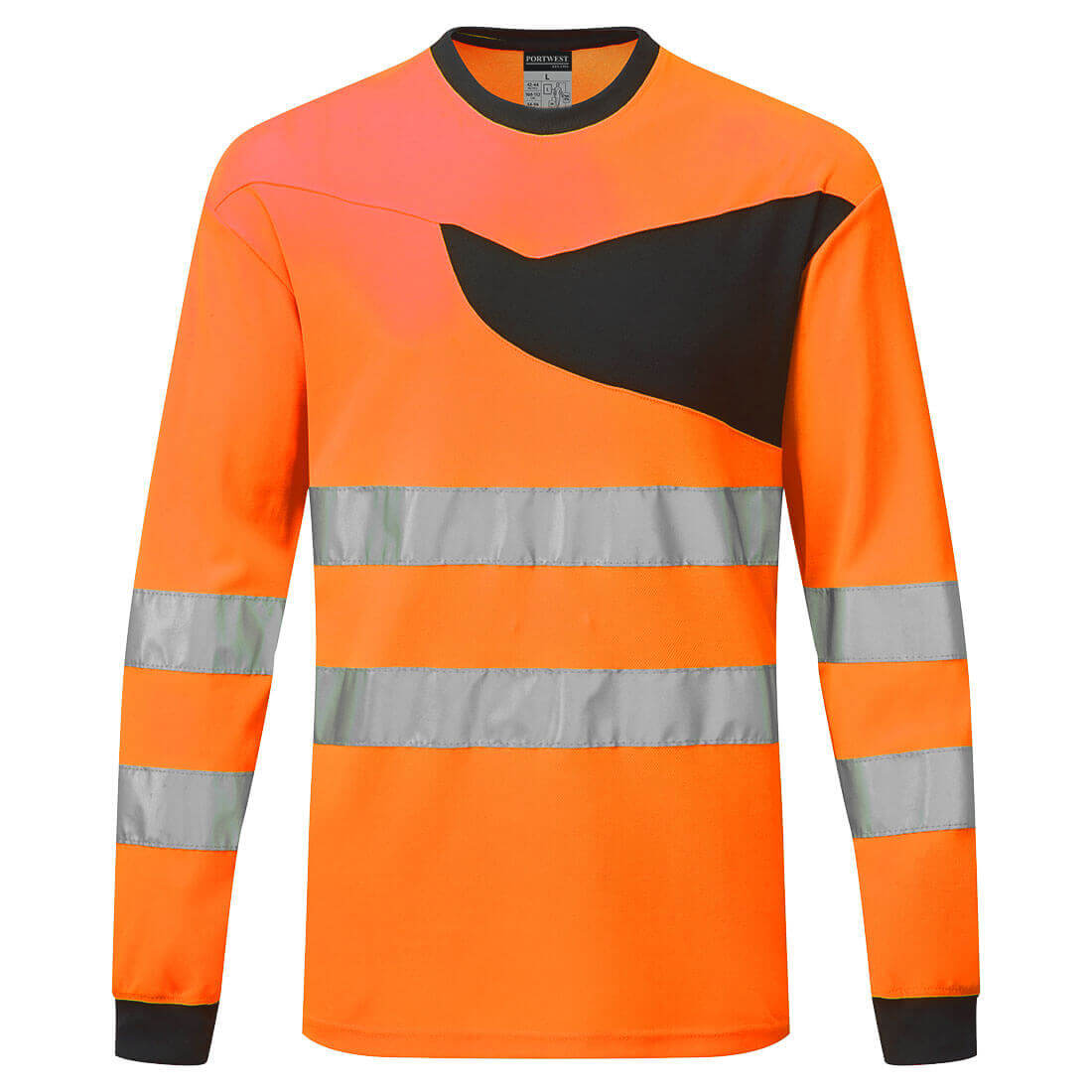 Portwest PW221 PW2 Hi-Vis Moisture Wicking Quick Dry Long Sleeve T-Shirt Orange/Black Main#colour_orange-black