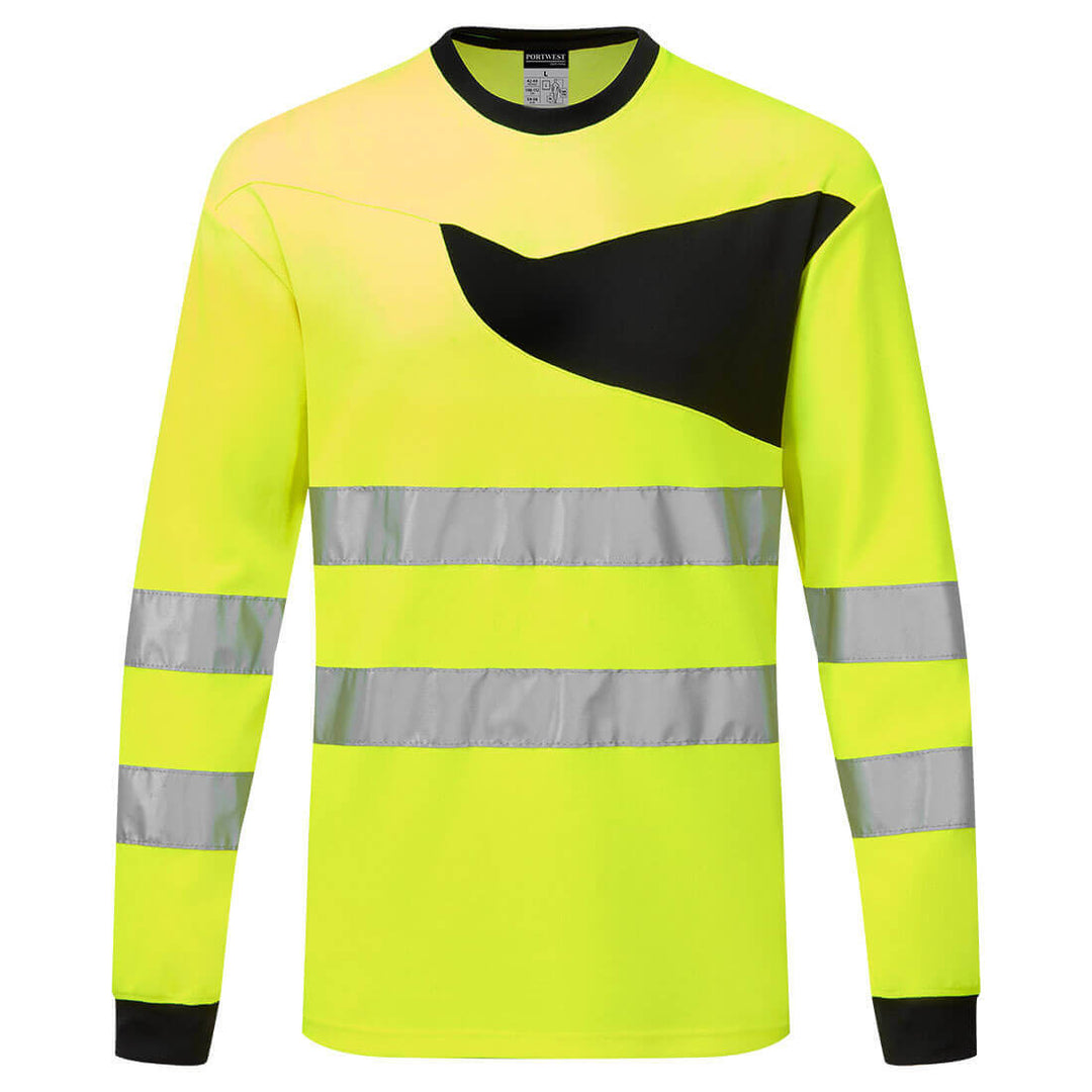 Portwest PW221 PW2 Hi-Vis Moisture Wicking Quick Dry Long Sleeve T-Shirt Yellow/Black Main#colour_yellow-black