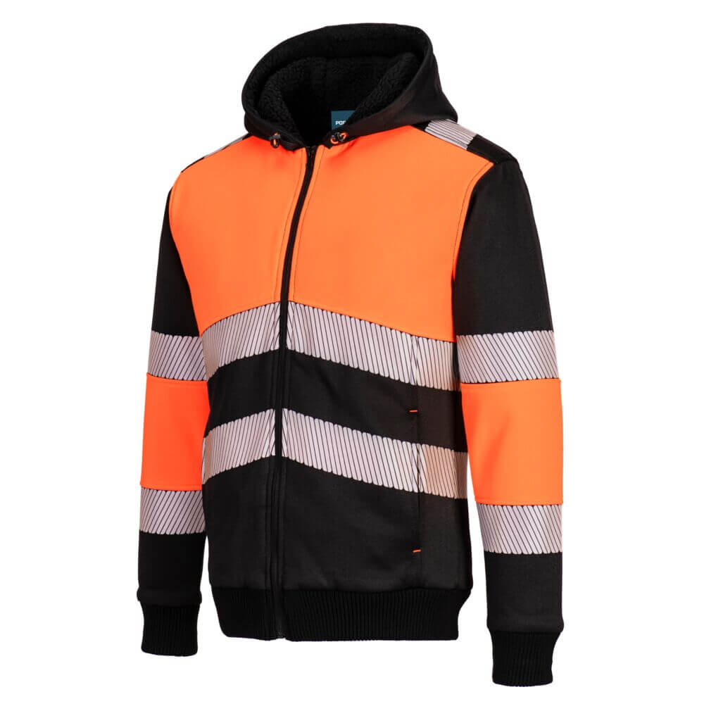 Portwest PW377 PW3 Zipped Class 1 Hi Vis Winter Lined Hoodie Orange/Black Image 2#colour_orange-black