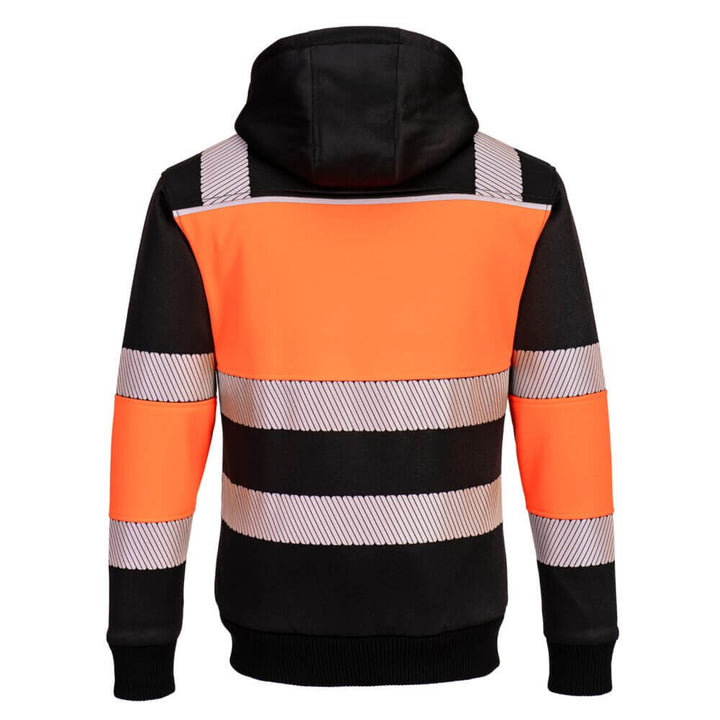 Portwest PW377 PW3 Zipped Class 1 Hi Vis Winter Lined Hoodie Orange/Black Rear#colour_orange-black