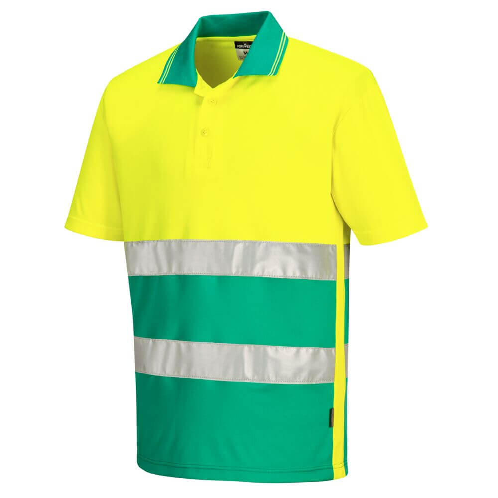 Portwest S175 Hi-Vis Lightweight Contrast Moisture-Wicking Short Sleeve Polo Shirt Yellow/Teal Image 2#colour_yellow-teal