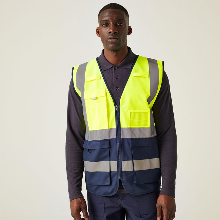 Regatta Professional Hi-Vis Executive Vest Yellow/Navy Model 1#colour_yellow-navy