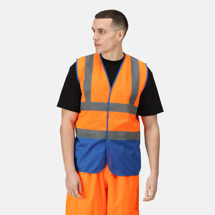 Regatta Professional Hi-Vis Pro 2-Tone Vest Fluro Orange/Royal Blue Model 1#colour_fluro-orange-royal-blue