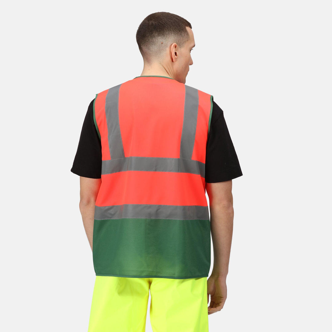 Regatta Professional Hi-Vis Pro 2-Tone Vest Fluro Red/Medical Green Model 2#colour_fluro-red-medical-green