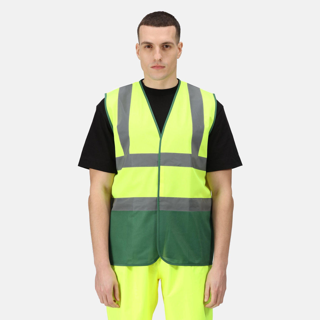 Regatta Professional Hi-Vis Pro 2-Tone Vest Fluro Yellow/Medical Green Model 1#colour_fluro-yellow-medical-green