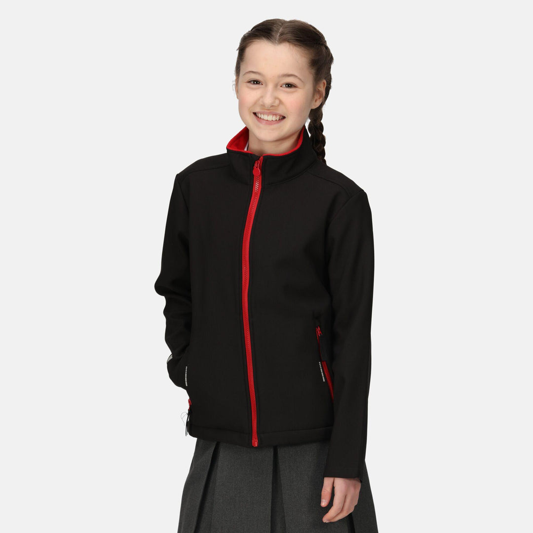 Regatta Professional Kids Ablaze Softshell Jacket Black/Classic Red Model 1#colour_black-classic-red