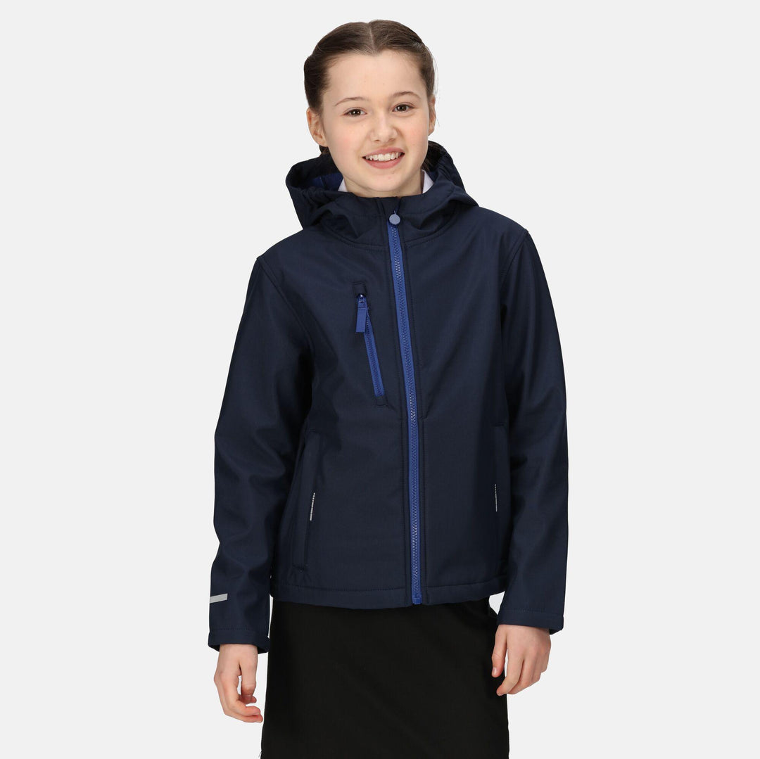 Regatta Professional Kids Ablaze Waterproof Breathable 3-Layer Softshell Jacket Navy/Royal Blue Model 1#colour_navy-royal-blue