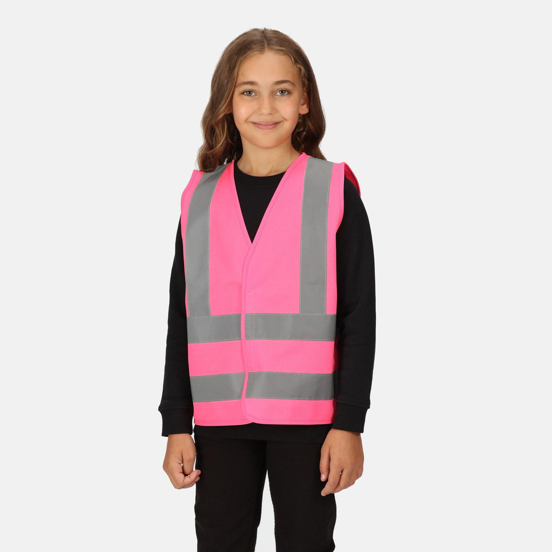 Regatta Professional Kids Junior  Hi-Vis Vest Fluro Pink Model 1#colour_fluro-pink