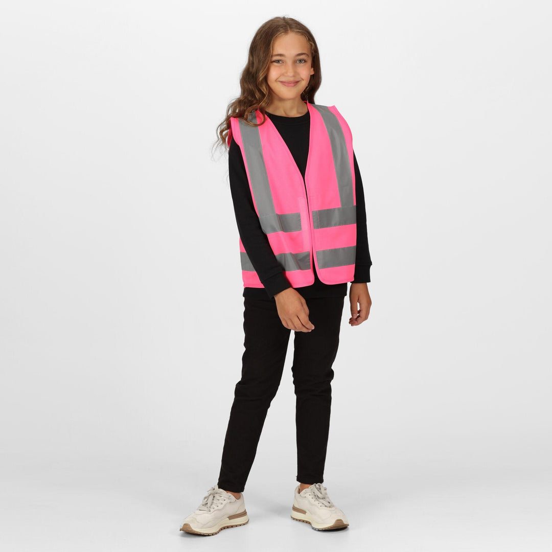 Regatta Professional Kids Junior  Hi-Vis Vest Fluro Pink Model 3#colour_fluro-pink