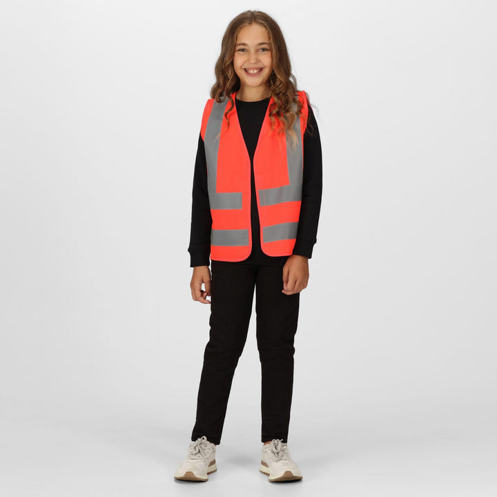 Regatta Professional Kids Junior  Hi-Vis Vest Fluro Red Model 3#colour_fluro-red