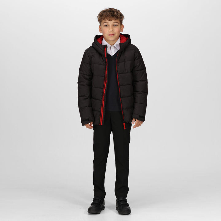 Regatta Professional Kids Scholar Thermal Insulated Hooded Jacket Black/Classic Red Model 1#colour_black-classic-red