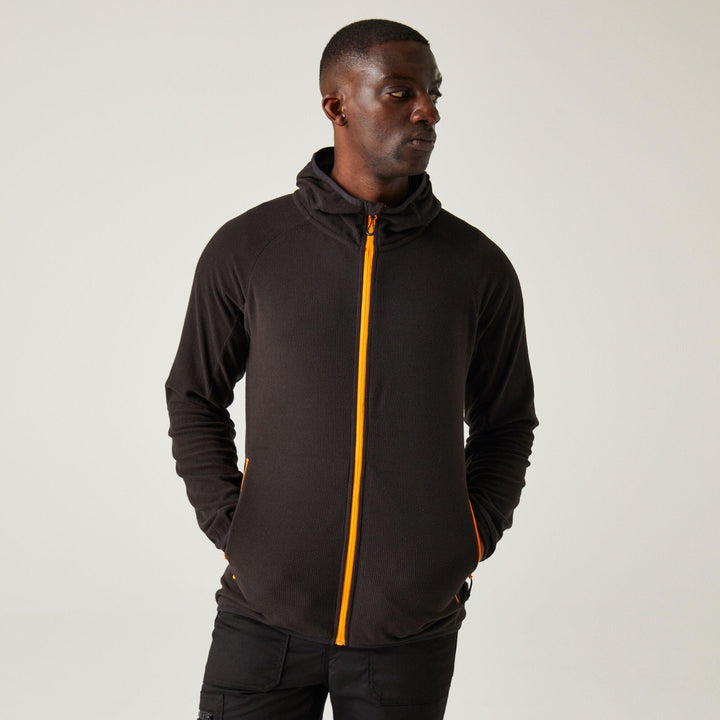 Regatta Professional Navigate Full Zip Hooded Fleece Black/Orange Pop Model 1#colour_black-orange-pop