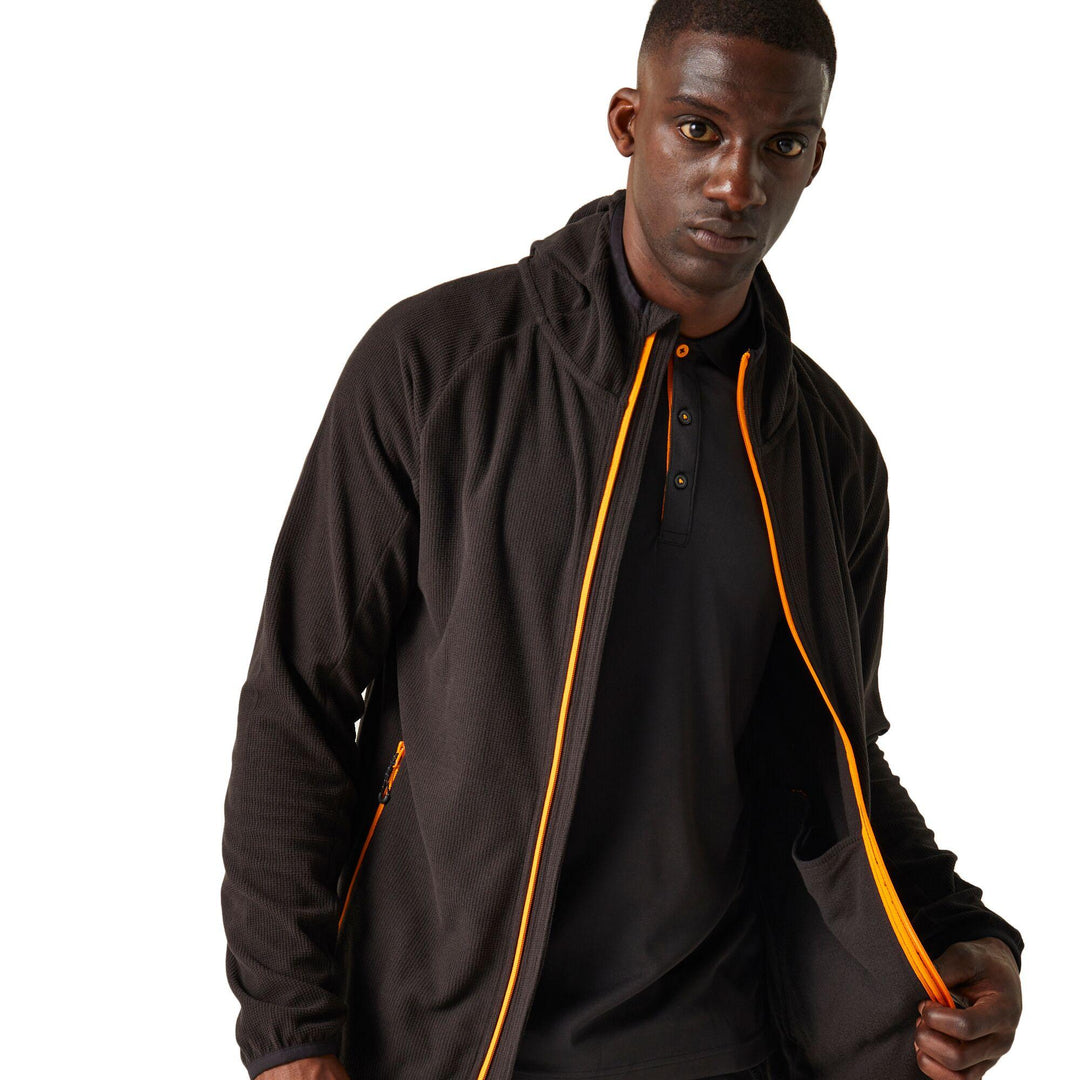 Regatta Professional Navigate Full Zip Hooded Fleece Black/Orange Pop Model 6#colour_black-orange-pop