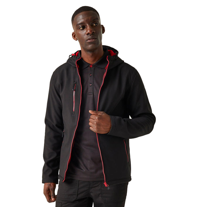 Regatta Professional Navigate Hooded Softshell Jacket Black/Classic Red Model 6#colour_black-classic-red