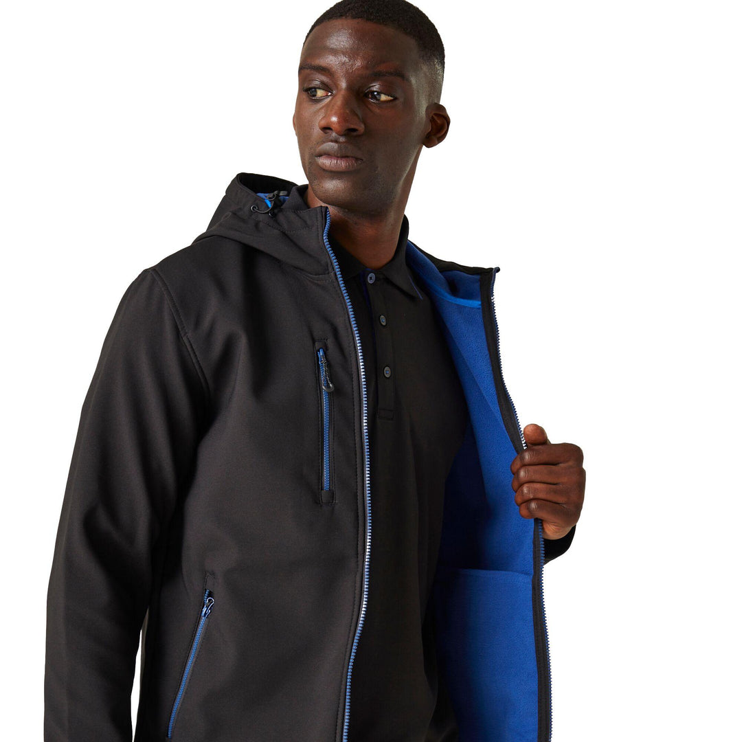 Regatta Professional Navigate Hooded Softshell Jacket Black/New Royal Model 4#colour_black-new-royal