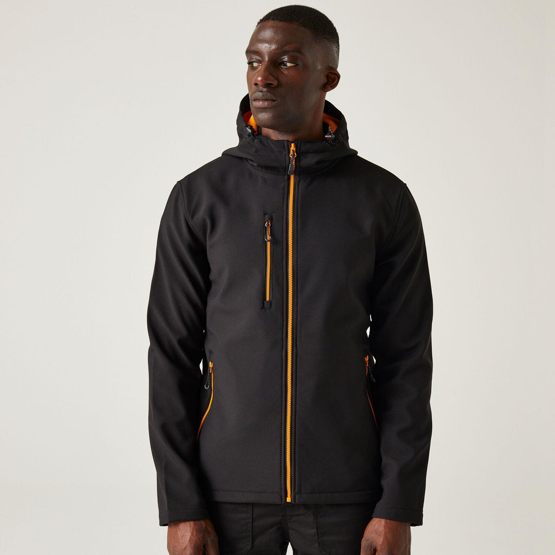 Regatta Professional Navigate Hooded Softshell Jacket Black/Orange Pop Model 1#colour_black-orange-pop