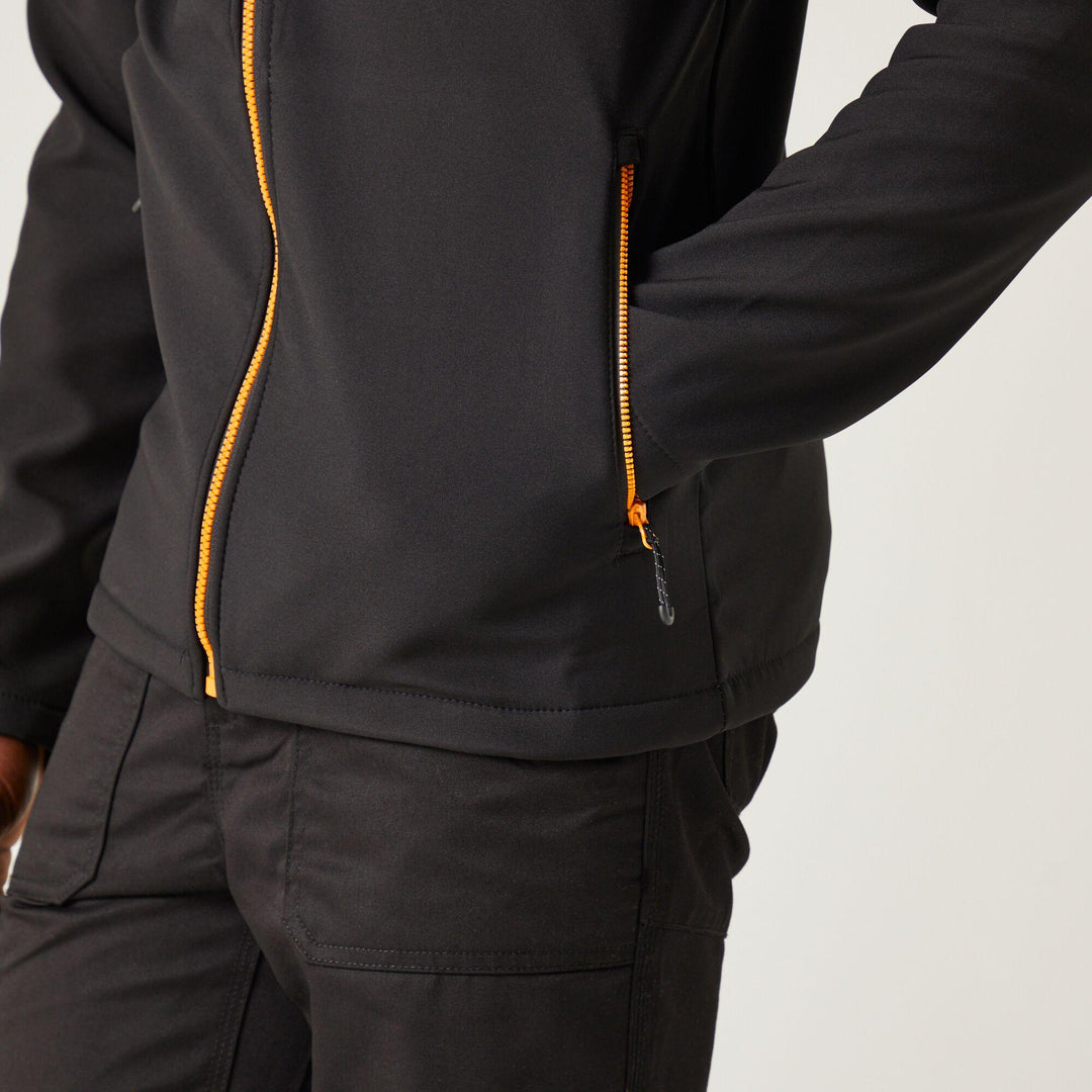 Regatta Professional Navigate Hooded Softshell Jacket Black/Orange Pop Model 5#colour_black-orange-pop