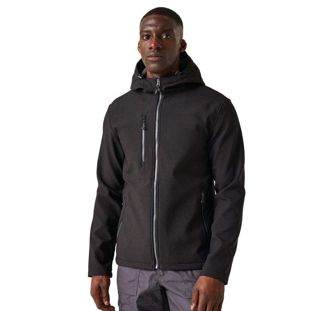 Regatta Professional Navigate Hooded Softshell Jacket Black/Seal Grey Model 1#colour_black-seal-grey