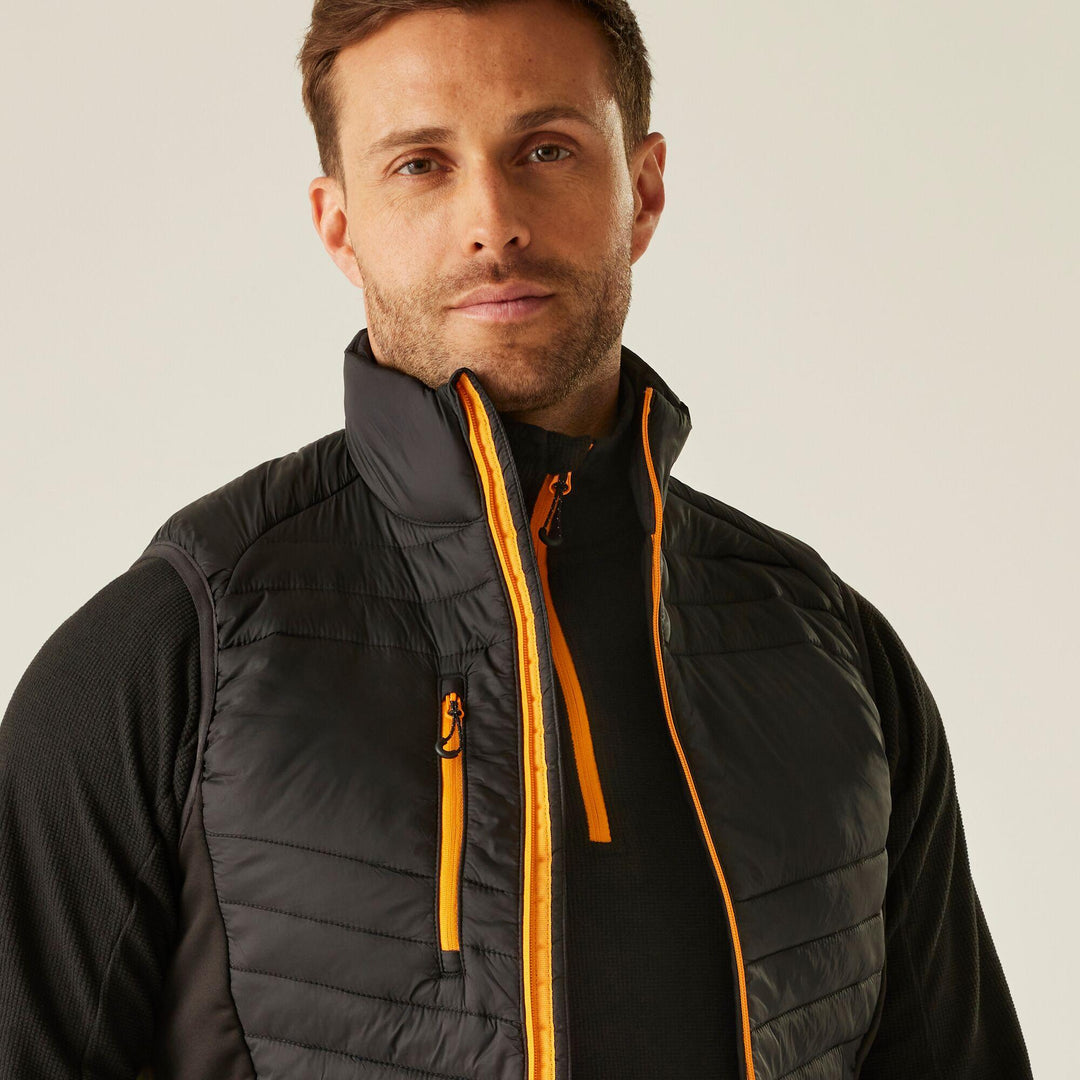 Regatta Professional Navigate Hybrid Lightweight Bodywarmer Black/Orange Pop Model 4#colour_black-orange-pop