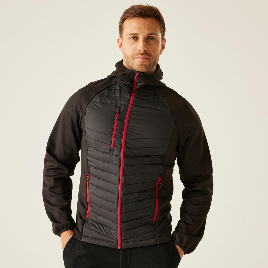 Regatta Professional Navigate Hybrid Lightweight Hooded Jacket Black/Classic Red Model 4#colour_black-classic-red