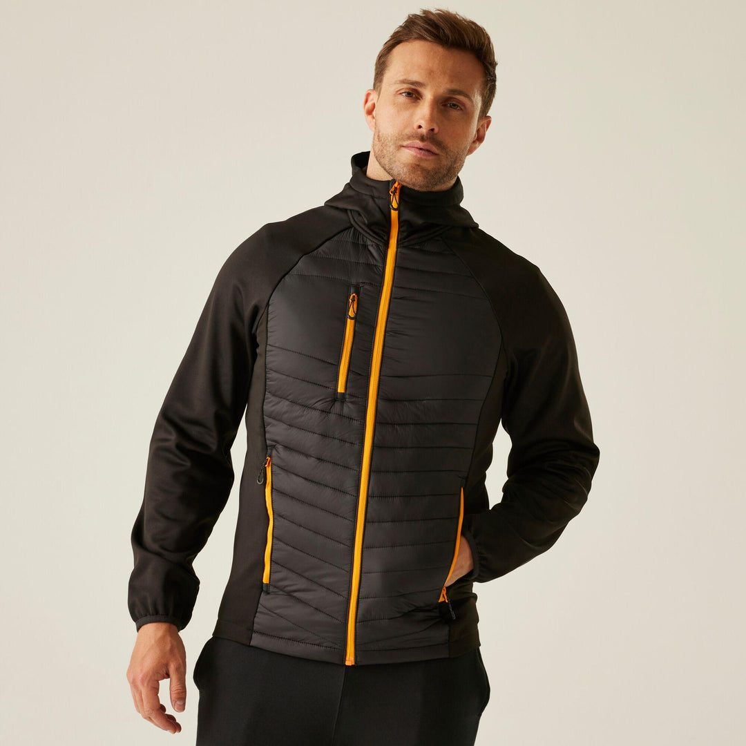 Regatta Professional Navigate Hybrid Lightweight Hooded Jacket Black/Orange Pop Model 1#colour_black-orange-pop