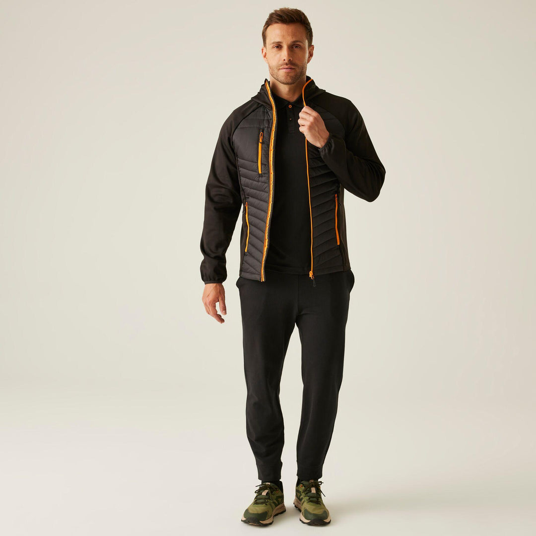 Regatta Professional Navigate Hybrid Lightweight Hooded Jacket Black/Orange Pop Model 3#colour_black-orange-pop