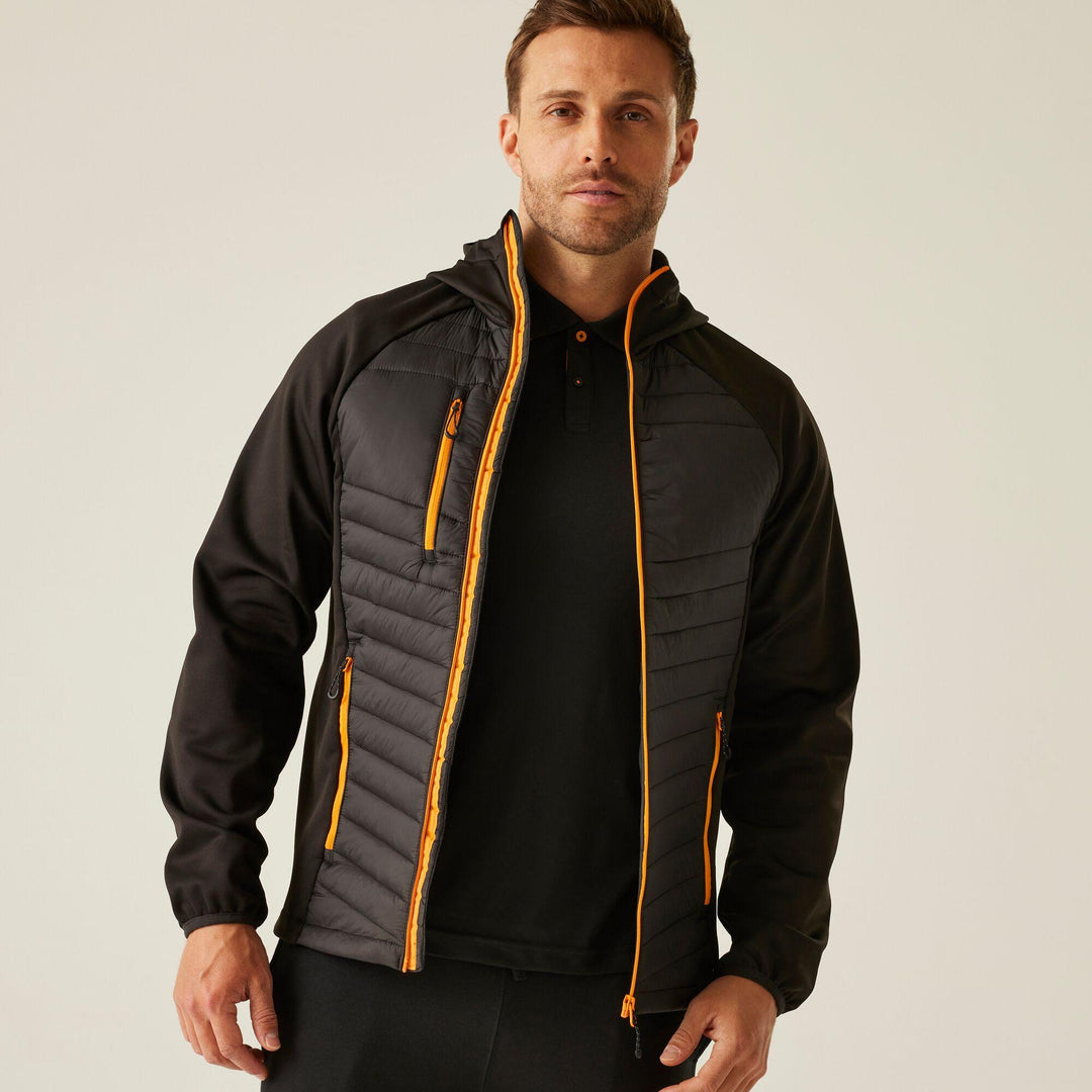Regatta Professional Navigate Hybrid Lightweight Hooded Jacket Black/Orange Pop Model 4#colour_black-orange-pop