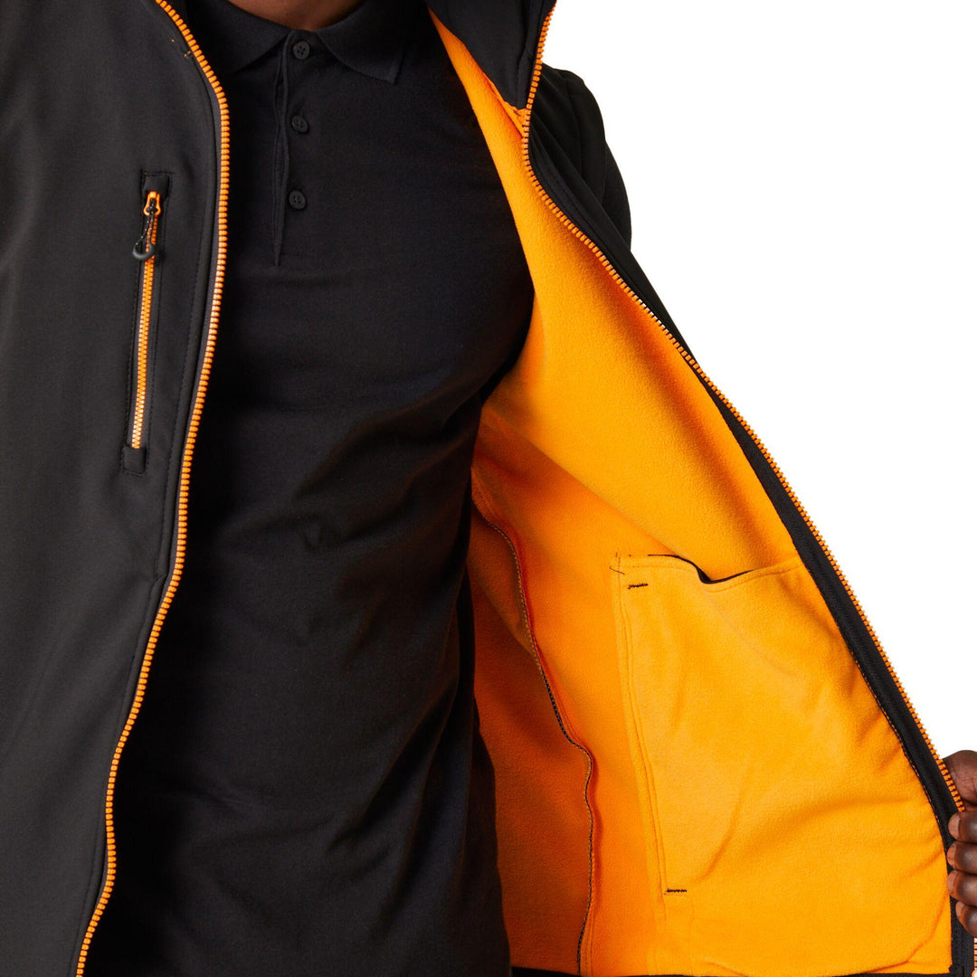 Regatta Professional Navigate Softshell Bodywarmer Black/Orange Pop Model 4#colour_black-orange-pop