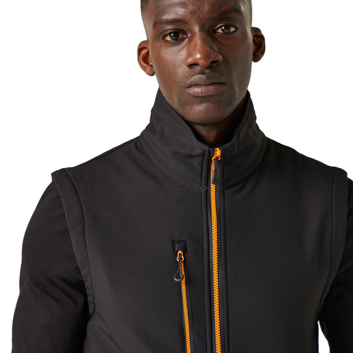 Regatta Professional Navigate Softshell Bodywarmer Black/Orange Pop Model 6#colour_black-orange-pop