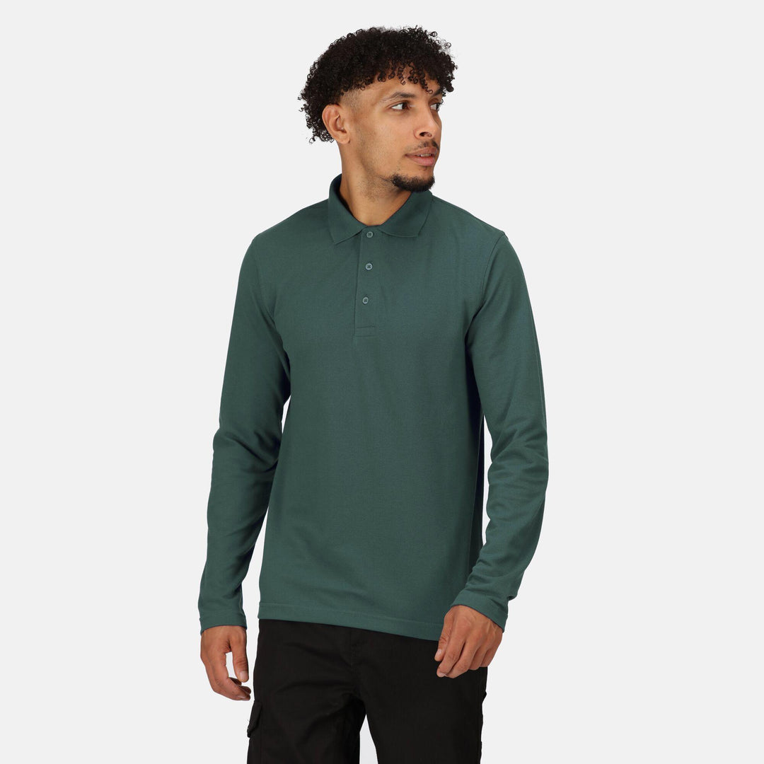 Regatta Professional Pro 65/35 Long Sleeve Polo Shirt Dark Green Model 1#colour_dark-green