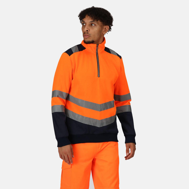 Regatta Professional Pro Hi Vis 1/4 Zip Sweatshirt Orange/Navy Model 1#colour_orange-navy