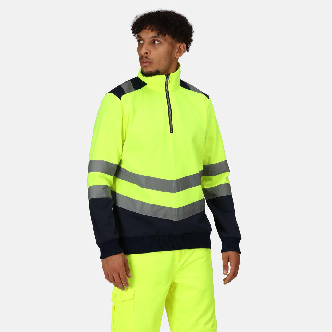 Regatta Professional Pro Hi Vis 1/4 Zip Sweatshirt Yellow/Navy Model 1#colour_yellow-navy