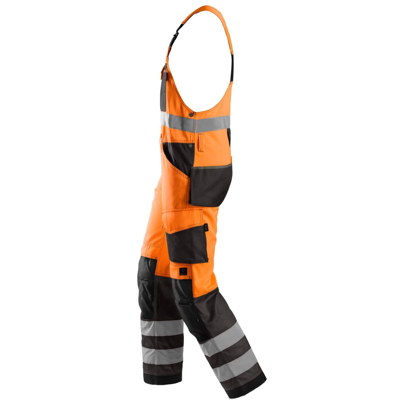 Snickers 0113 Hi Vis Bib and Brace Cordura Trousers Class 2 Hi Vis Orange Muted Black left #colour_hi-vis-orange-muted-black