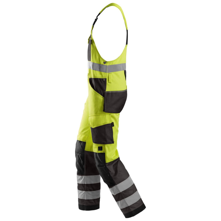 Snickers 0113 Hi Vis Bib and Brace Cordura Trousers Class 2 Hi Vis Yellow Muted Black left #colour_hi-vis-yellow-muted-black