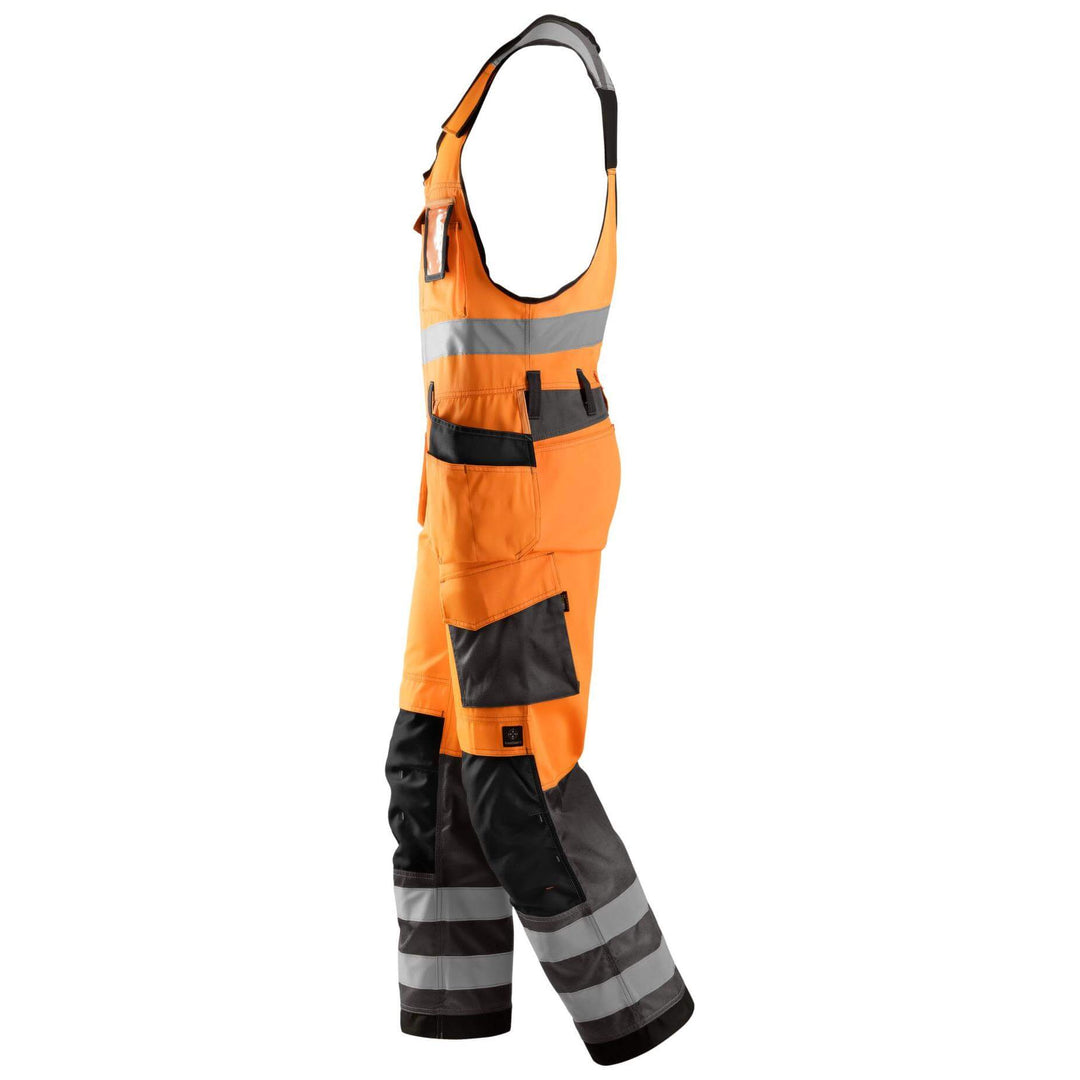 Snickers 0213 Hi Vis One piece Trousers Holster Pockets Class 2 Hi Vis Orange Muted Black left #colour_hi-vis-orange-muted-black