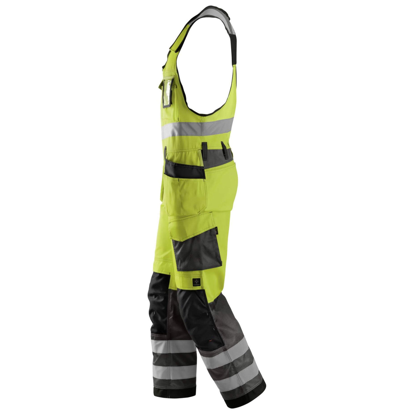 Snickers 0213 Hi Vis One piece Trousers Holster Pockets Class 2 Hi Vis Yellow Muted Black left #colour_hi-vis-yellow-muted-black