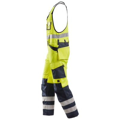 Snickers 0213 Hi Vis One piece Trousers Holster Pockets Class 2 Hi Vis Yellow Navy Blue left #colour_hi-vis-yellow-navy-blue