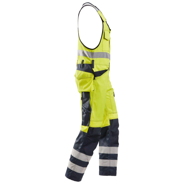 Snickers 0213 Hi Vis One piece Trousers Holster Pockets Class 2 Hi Vis Yellow Navy Blue right #colour_hi-vis-yellow-navy-blue