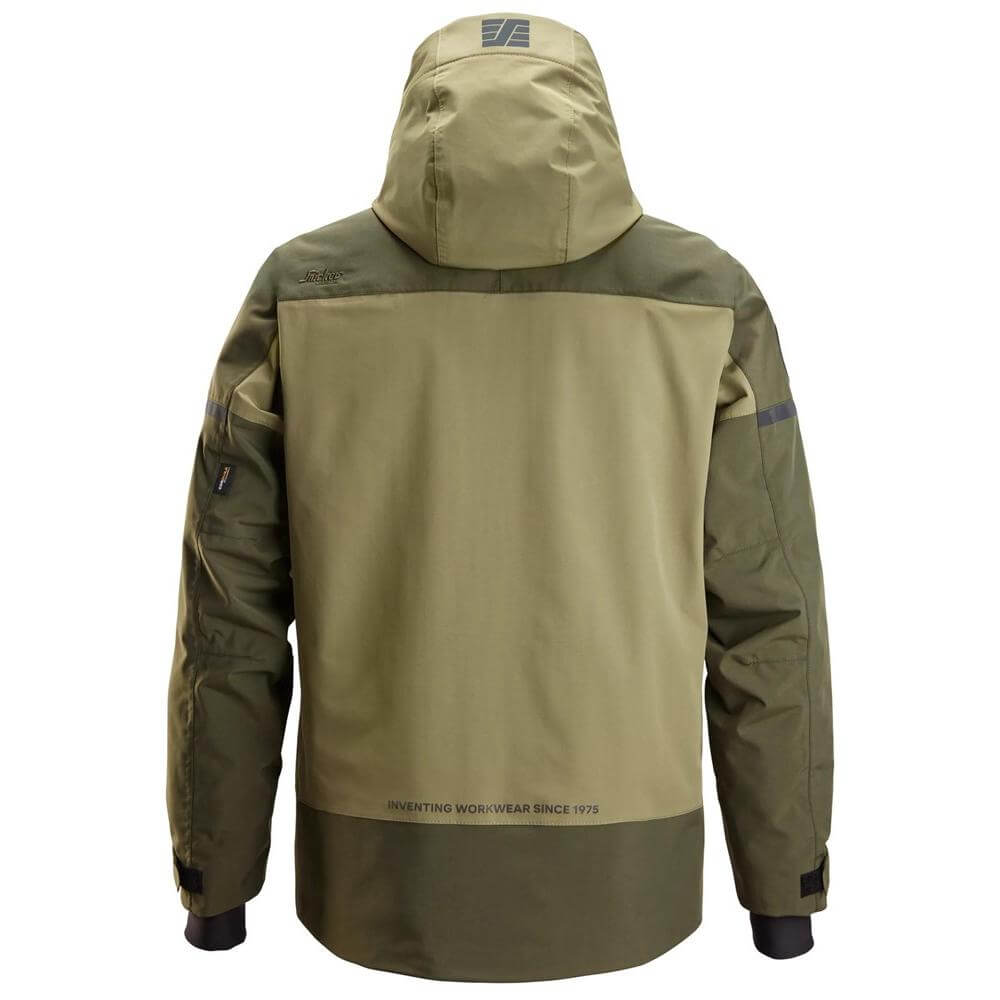 Snickers 1112 AllroundWork Waterproof Insulated Jacket Khaki Green Dark Khaki Green back #colour_khaki-green-dark-khaki-green
