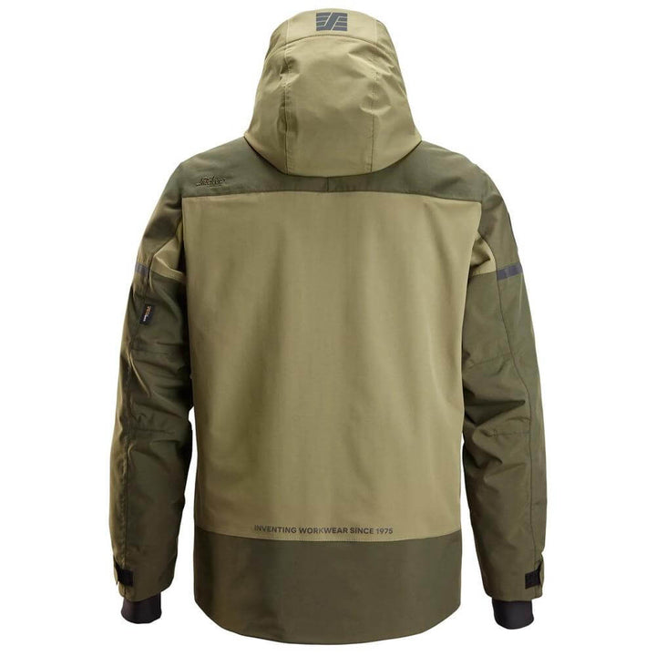 Snickers 1112 AllroundWork Waterproof Insulated Jacket Khaki Green Dark Khaki Green back #colour_khaki-green-dark-khaki-green