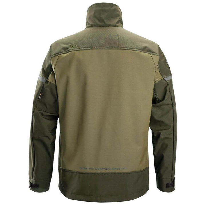 Snickers 1216 AllroundWork Softshell Stretch Jacket Khaki Green Dark Khaki Green back #colour_khaki-green-dark-khaki-green