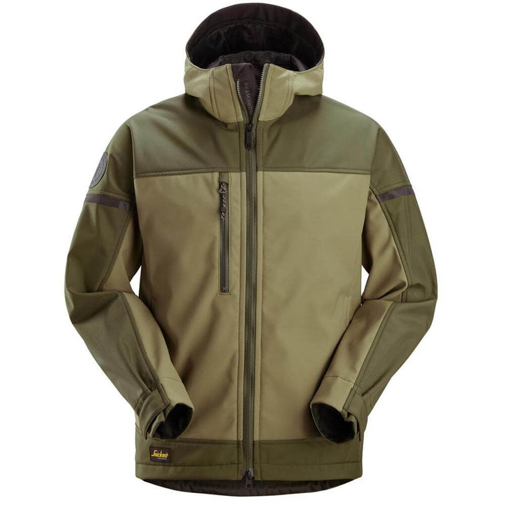 Snickers 1226 AllroundWork Hooded Softshell Stretch Jacket Khaki Green Dark Khaki Green Main #colour_khaki-green-dark-khaki-green