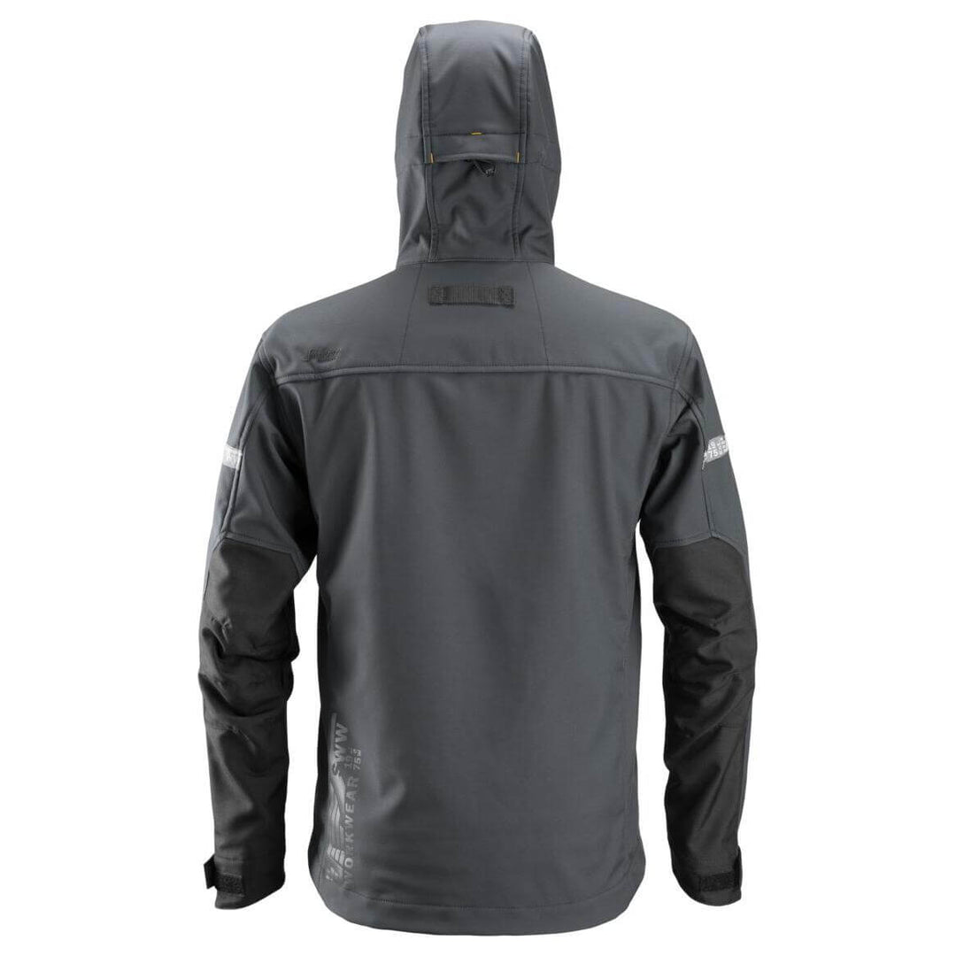 Snickers 1229 AllroundWork Soft Shell Jacket with Hood Steel Grey Black back #colour_steel-grey-black