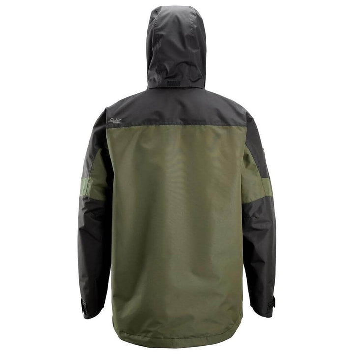 Snickers 1304 AllroundWork Waterproof Shell Jacket Khaki Green Black back #colour_khaki-green-black