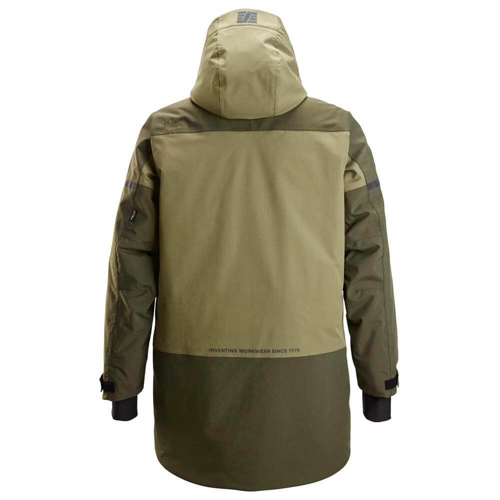 Snickers 1801 AllroundWork Waterproof Insulated Parka Khaki Green Dark Khaki Green back #colour_khaki-green-dark-khaki-green