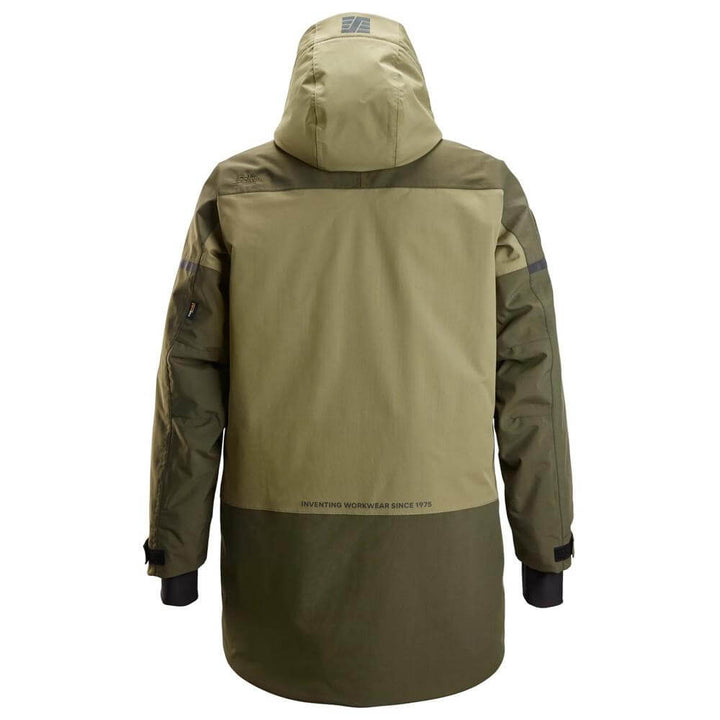 Snickers 1801 AllroundWork Waterproof Insulated Parka Khaki Green Dark Khaki Green back #colour_khaki-green-dark-khaki-green