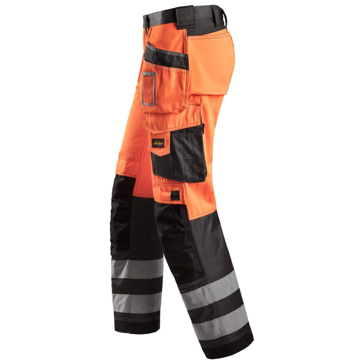 Snickers 3233 Hi Vis Loose Fit Holster Pocket Trousers Class 2 Hi Vis Orange Muted Black left #colour_hi-vis-orange-muted-black